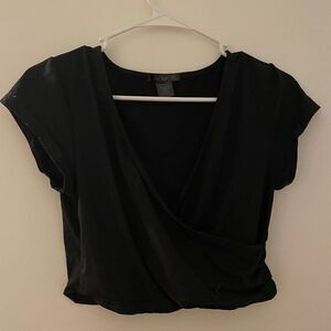 C Mode Womens Short Sleeve Faux Wrap Crop Top Size S Black Stretchy